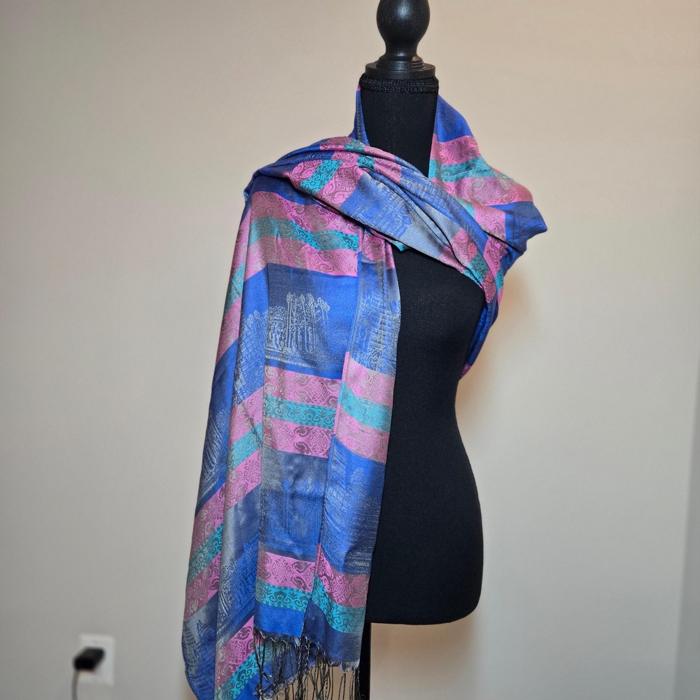Unbranded Silk Shawl Women OS Blue Pink Excellent Angkor Wat Cambodia Scarf Wrap - Picture 2 of 7
